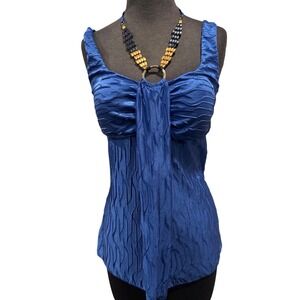 Royal Blue Textured Crinkle  Babydoll  Top Beaded Halter O-Ring Detail Y2K